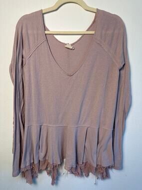 WE THE FREE Distressed Hem Thermal • Dusty Rose Long Sleeve Peplum Blouse